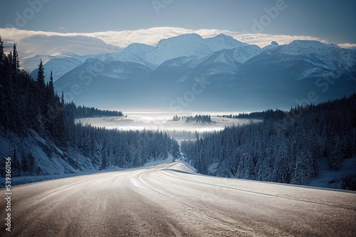 large white transport truck travelling on trans Canada highway in British Columbia Canada with scenic mountains mountaineous scenery in background good winter road conditions horizontal format photo