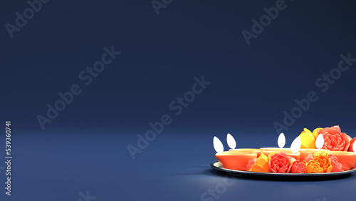 3D Render Of Lit Oil Lamps (Diya) With Rose Flowers On Plate And Copy Space Against Blue Background.