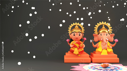 Hindu Mythology Lord Ganesha And Goddess Lakshmi Worshipped Together On Black Bokeh And Rangoli Background.