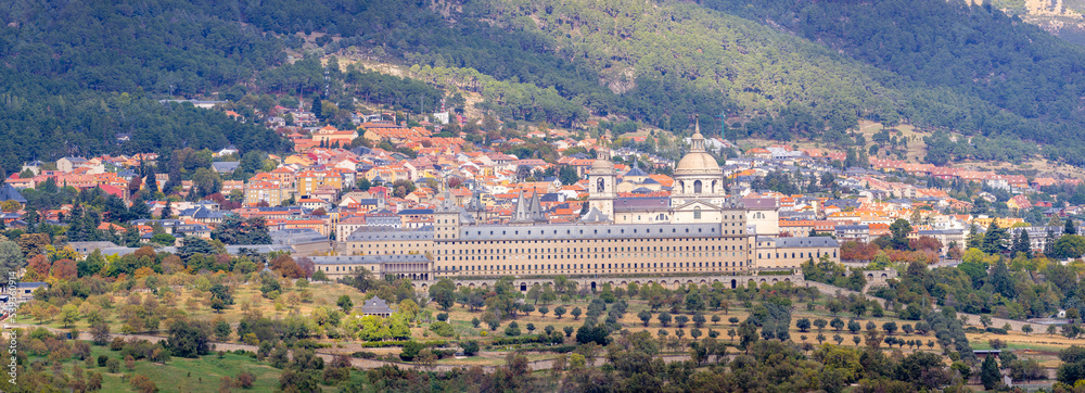 views of The Royal Seat of San Lorenzo de El Escorial from the chair of Felipe II, a viewpoint carved into the granite rock in front of the monastery