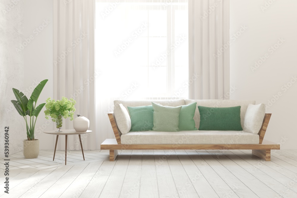 White living room with sofa. Scandinavian interior design. 3D illustration White living room with sofa. Scandinavian interior design. 3D illustration
