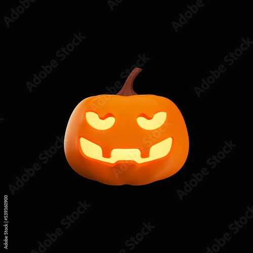 3D Illustration Of Burning Creepy Face Pumpkin Lamp Over Black Background.