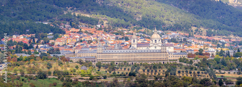 views of The Royal Seat of San Lorenzo de El Escorial from the chair of Felipe II, a viewpoint carved into the granite rock in front of the monastery photo