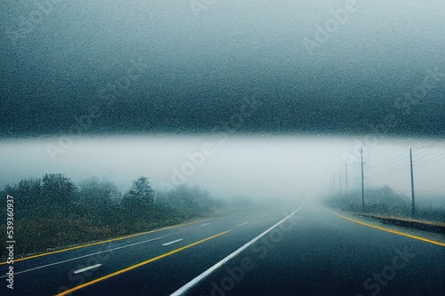 Driver POV on almost empty blue foggy misty rainy highway intercity road with low poor visibility on cold spring autumn morning. Seasonal bad rainy weather accident danger warning. car fog light. High