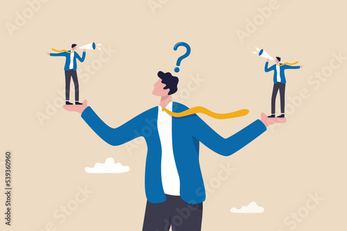 Papier peint Dilemma or moral conflict, disagreement or argument for business direction, decision problem or question, choosing choice, alternative or solution concept, confused businessman choosing directions