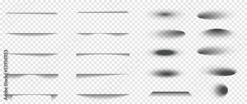 Abstract gradient shadow effect on white background vector. Set of realistic shadow different shapes, shade, circle, oval. Illustration design for decorative, backdrop, cover, banner, ads.