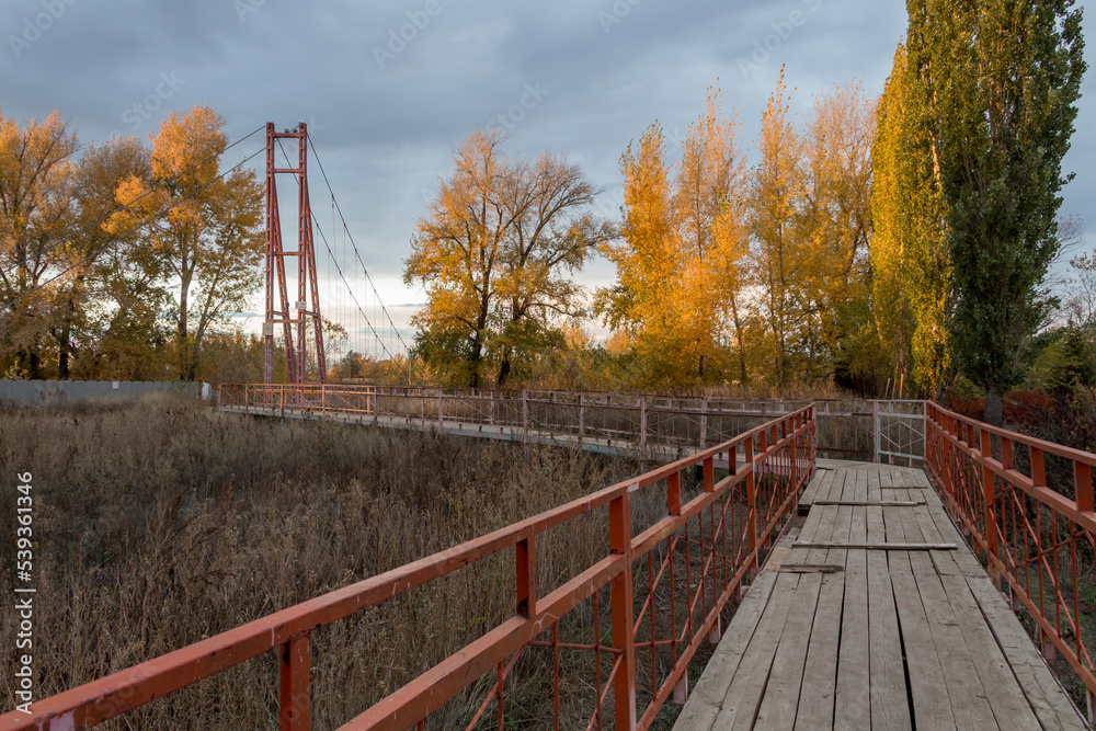 Path leading to the suspension footbridge across the Chagan River in Kazakhstan. Suspension bridge in autumn.