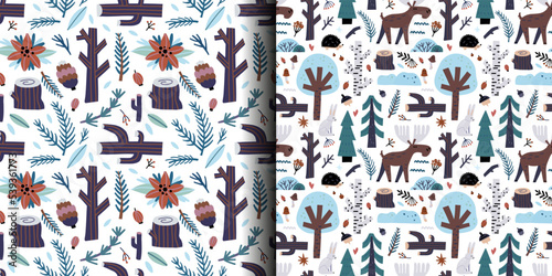Winter forest seamless pattern. Snowy different trees, frozen berries, blue branches and cones, elk and snowflakes. Hand drawn New Year and Christmas textile, wrapping paper, wallpaper nursery, vector