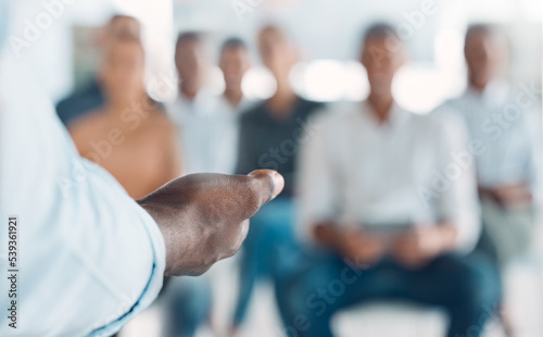 Conference speaker hands, communication and presentation workshop, coaching seminar of audience training, leadership and discussion. Businessman presenter, trade show and speech to convention crowd