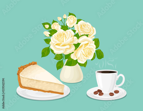 Coffee, flowers and dessert. Vector cartoon illustration of bouquet of white roses in vase, cheesecake and cup of steaming coffee.