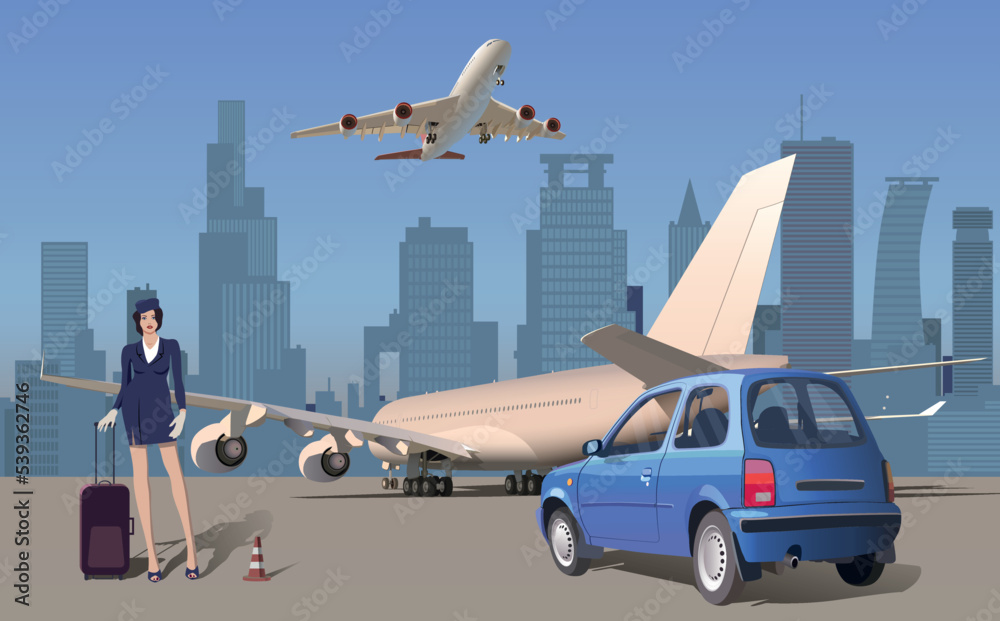 Stewardess on the background of the plane and the metropolis. Vector.