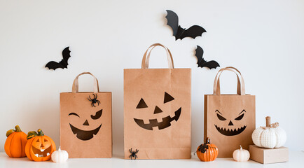 Halloween pumpkins, bats and shopping bag. Happy halloween concept.