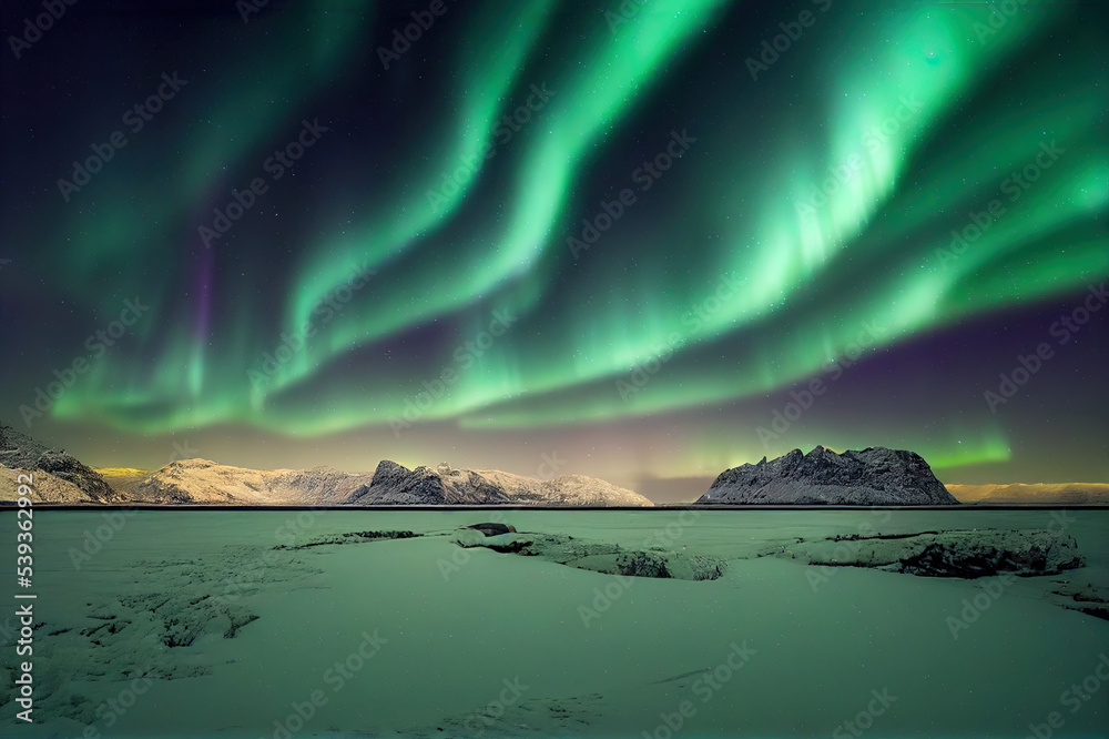 Aurora Borealis, Lofoten islands, Norway. Nothen light, mountains and frozen ocean. Winter landscape at the night time. Norway travel image