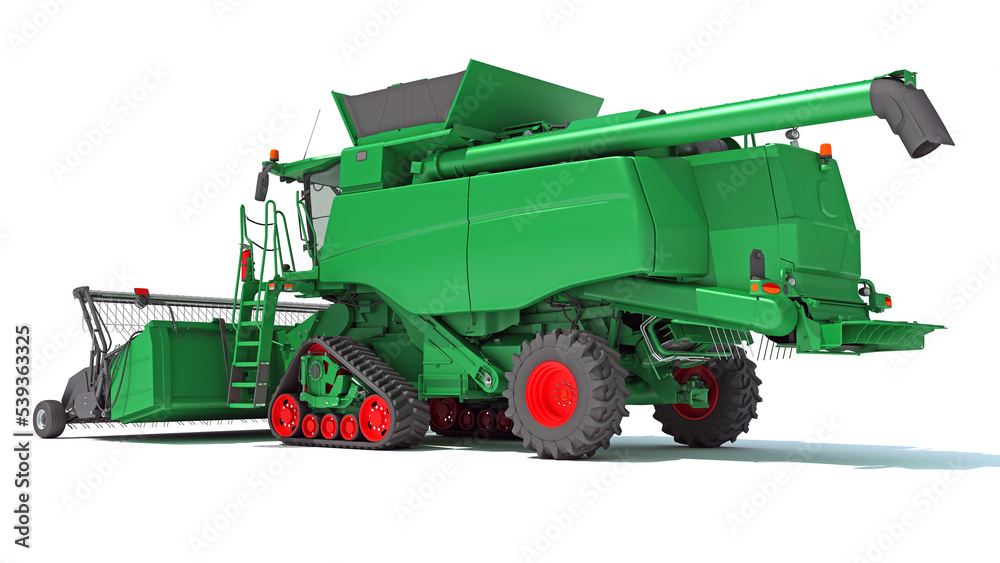 Combine Harvester farm equipment 3D rendering on white background Combine Harvester farm equipment 3D rendering on white background