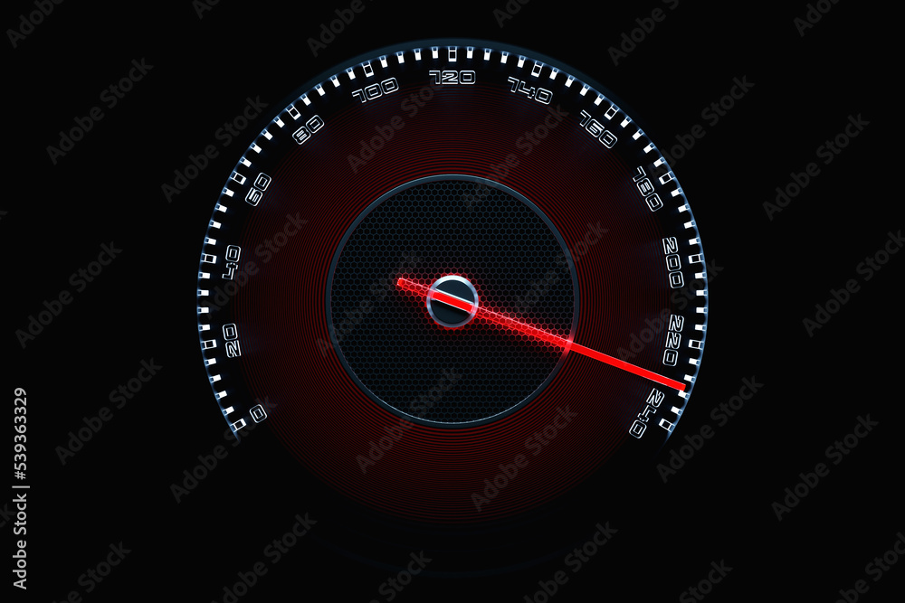 3D illustration of the dashboard of the car is illuminated by black illumination. Circle speedometer 3D illustration of the dashboard of the car is illuminated by black illumination. Circle speedometer