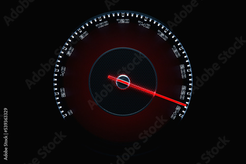 3D illustration of the dashboard of the car is illuminated by black illumination. Circle speedometer