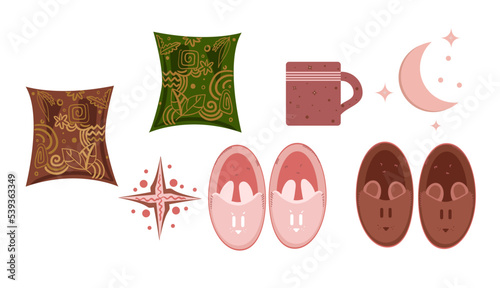Cozy collection, indoors activities, concept of comfort and coziness, set of isolated vector illustrations, scandinavian hygge style, isolation period at home.