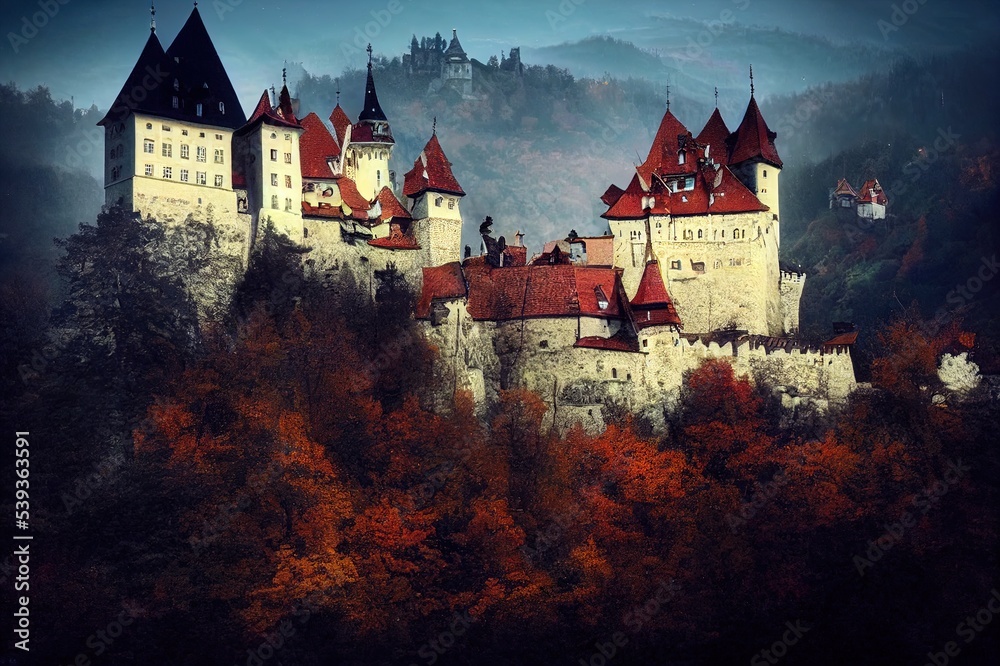 Bran Castle, Transylvania, Romania. Medieval building, Dracula's Castle. Mystical night landscape.. High quality Illustration