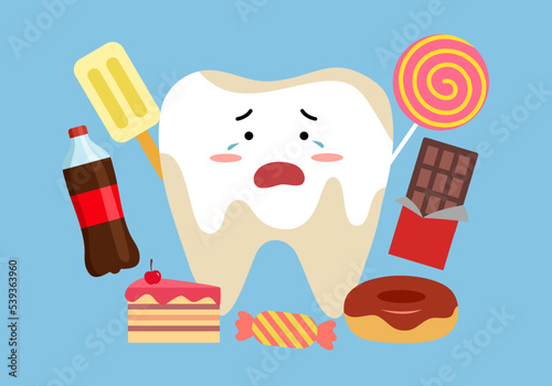 Dirty cavity tooth cartoon with sweet food that damage teeth in flat design. Dental care. Dental illness. Oral hygiene concept.