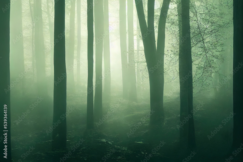 Naklejka premium Misty morning in the woods. Rays of light in the forest. Mist fog and the trees nature background.