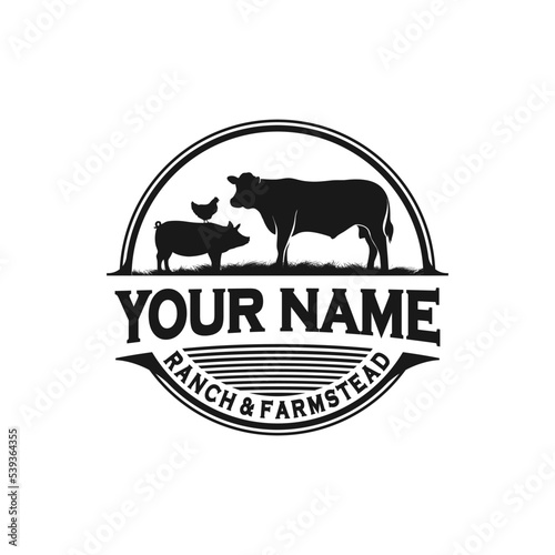 Ranch and farmstead, farm animal logo inspiration. cows, pigs and chickens