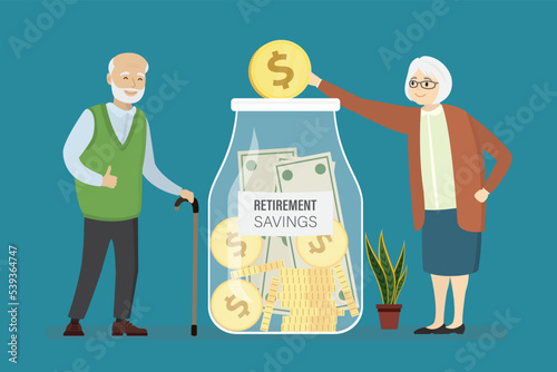 Retirement savings, money in glass jars. Happy grandparents with pension fund, bank deposit. Passive income secure. Elderly people with money for a decent old age. Financial independence.