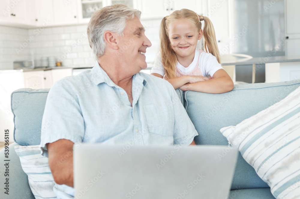 Obraz premium Laptop, elearning and senior family with child for online education, kids website communication and internet teaching at home on sofa. Grandfather and girl with technology play internet game together