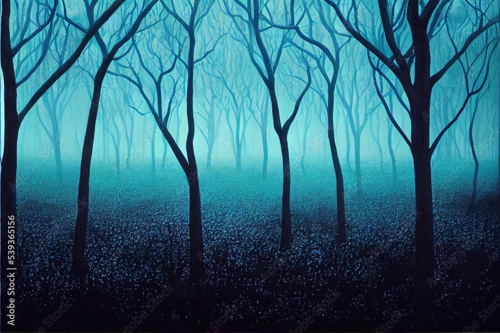 Obraz premium Spooky blue forest with dry trees