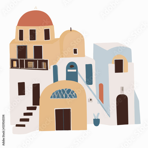 Santorini island, Greece. Beautiful traditional white architecture and traditional houses and churches with Blue domes over the Aegean caldera. Vector flat illustration.