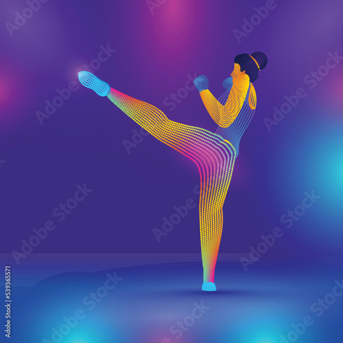 Portrait Of Female Boxer Player In Gradient Dotted On Blue And Pink Background.