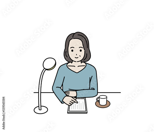 タブレットで電子書籍を読む中年の女性のイラスト