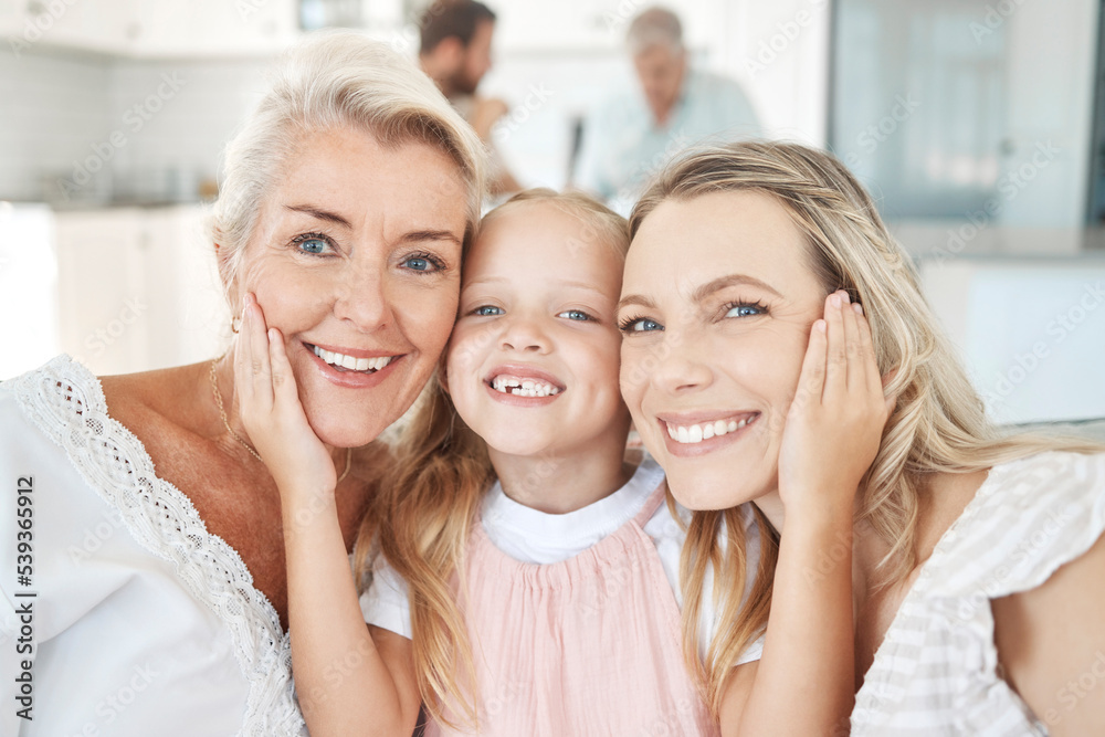 Facial portrait of child, grandmother and mother bonding in kitchen for family happiness and love at home in summer. Happy mom, young girl kid and elderly woman with smile on face and bond together
