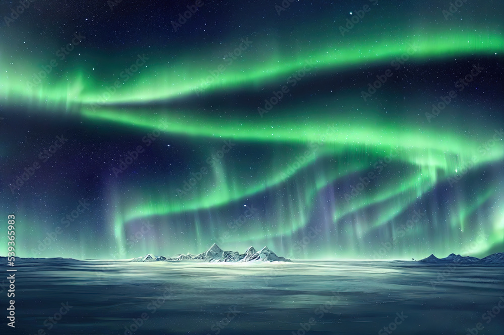 Aurora Borealis in starry polar sky, 3d rendering of a beautiful and mysterious world
