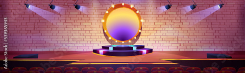 Stage for concert, award ceremony, music show, comedy contest with round podium, spotlights and viewer chairs. Empty scene in television studio for events, performance area Cartoon vector illustration