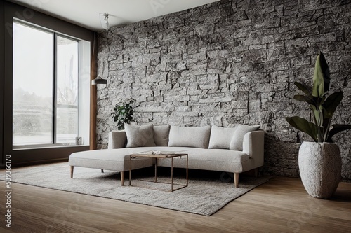 Valokuvatapetti Grey stone wall interior room with wooden decor, bookshelf, sofa and vase of plant, middle table, carpet, home decoration