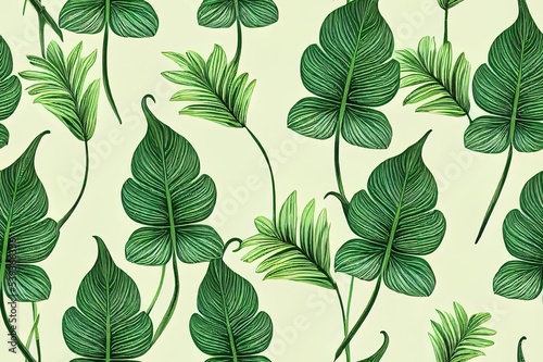Seamless pattern with tropical green palm, colocasia, banana leaves. Hand drawing botanical vintage background. Suitable for making wallpaper, printing on fabric, wrapping paper, fabric, notebook cove © 2rogan