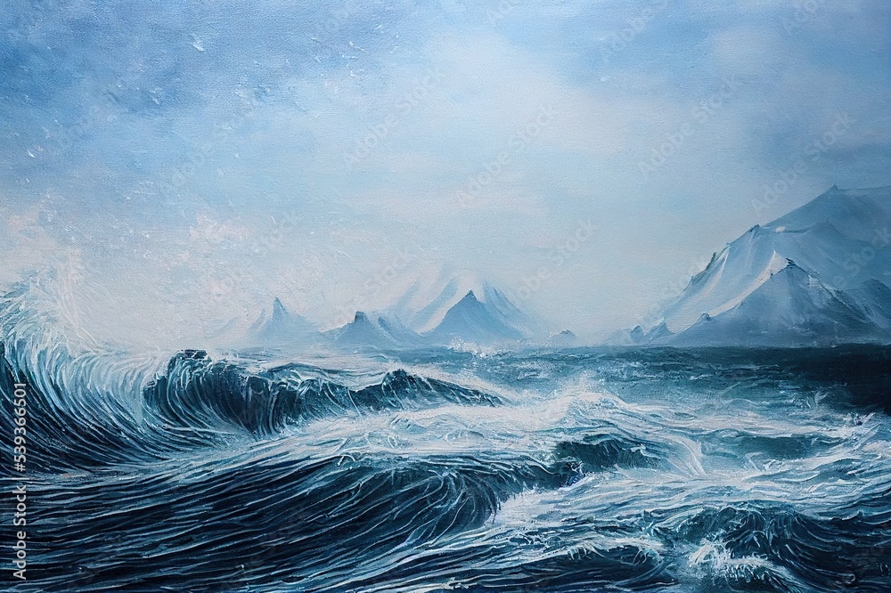 Abyss, ocean waves, seascape hand drawn oil illustration. Blue sea tides and ice blocks, frozen pond, winter marine scenery background. Storm, swash, strong current acrylic painting
