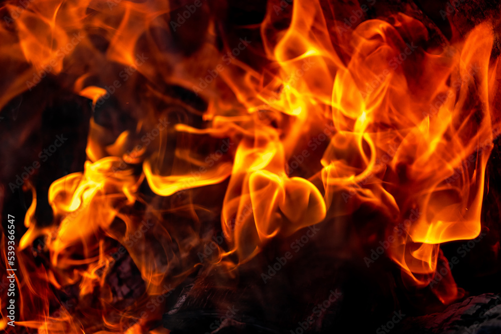 Burning fire close up. Bright orange and red flames on a dark background. Open flame heating. Problems with heating and gas. Burning fire close up. Bright orange and red flames on a dark background. Open flame heating. Problems with heating and gas.
