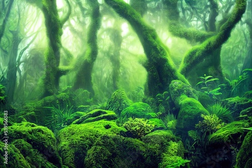 Surreal colors of fantasy landscape at mystical tropical mossy forest with amazing jungle plants. Concept for mysterious nature and fairy tale background