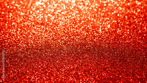 Red Blur Glitter Effect Bokeh Light Background,Abstract Overlay Dark Texture Spark Backdrop for Party Christmas in Night,Defocused Sparkle Glow Pattern Design Decoration Happy New Year2023. photo