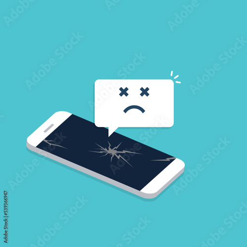 Broken smartphone with sad smile. Broken phone service, recovery and repair concept. Vector illustration. 