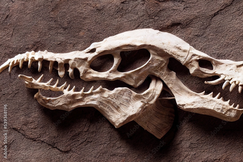closeup of a replica of fossilized scary petrified Velociraptor dinosaur  fossil remains in stone with details of the skeleton with skull and white  bones. High quality Illustration ilustración de Stock | Adobe