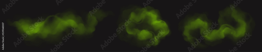 Realistic green smoke, stink, bad smell or poison gas clouds. Chemical toxic vapour, stench breath or sweat odor. Isolated smelly garbage miasma, fume design elements, 3d vector illustration, set - obrazy, fototapety, plakaty 