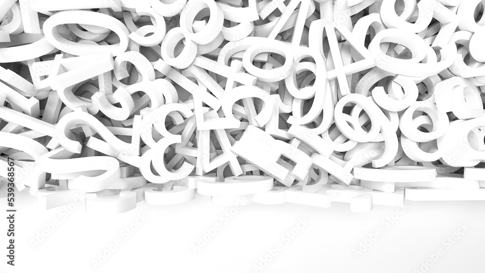 Many white three dimensional numeric characters that push against each other and make noise on white board. Concept 3D CG of chaotic state of society, unresolved problem and fractal analysis. Many white three dimensional numeric characters that push against each other and make noise on white board. Concept 3D CG of chaotic state of society, unresolved problem and fractal analysis.