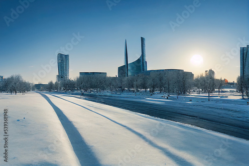 Kazakhstan, Nur Sultan. The center of the left bank of modern Astana with the building of the presidential residence Akorda. Winter panorama of the city. photo
