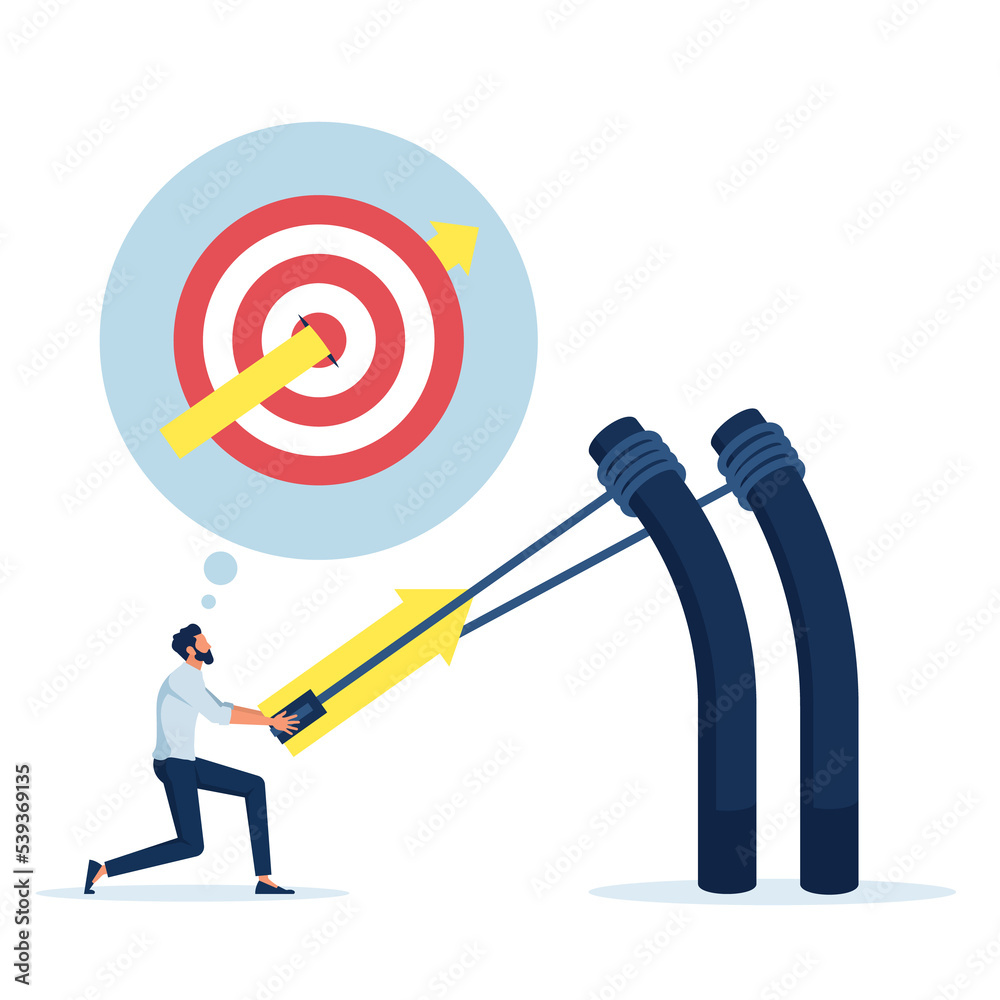 Businessman aiming high target with a big catapult, bullseye target to win in business strategy, Business target achievement and goal concept Businessman aiming high target with a big catapult, bullseye target to win in business strategy, Business target achievement and goal concept