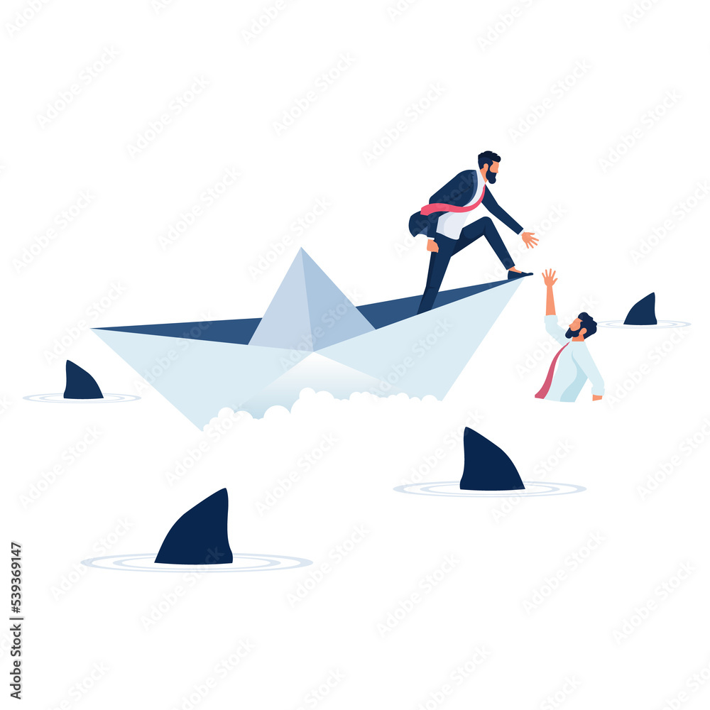 Fototapeta premium Businessman on paper boat in ocean helping other businessman, Business teamwork concept-helping and support
