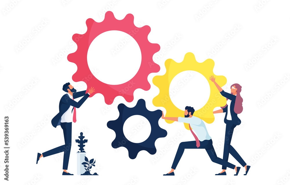 Business teamwork vector concept with business team pushing gears together. Symbol of cooperation, collaboration, technology, success - obrazy, fototapety, plakaty 