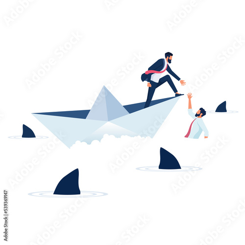 Businessman on paper boat in ocean helping other businessman, Business teamwork concept-helping and support © treety