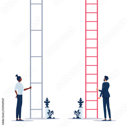Gender equality. businessman and  businesswoman stand at career ladder, different opportunities in company, Female discrimination, injustice and sexism symbol feminism and women rights vector concept photo